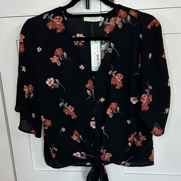 Lush Krisantha Tie Front Blouse Black - S - NWT - Picture 3 of 5